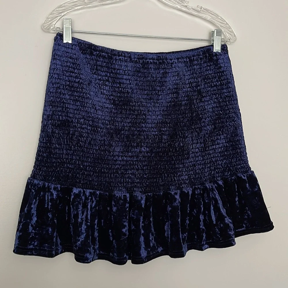 Aqua Velvet Smocked Ruffled Flounce Mini Skirt Navy Size L - Picture 3 of 10